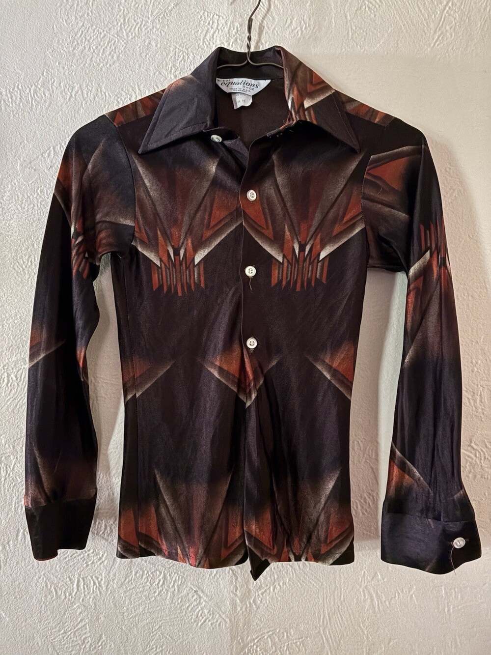 Vintage 70’s Boys Size 10-12 Equations Disco Shirt Dagger Collar Geometric Retro